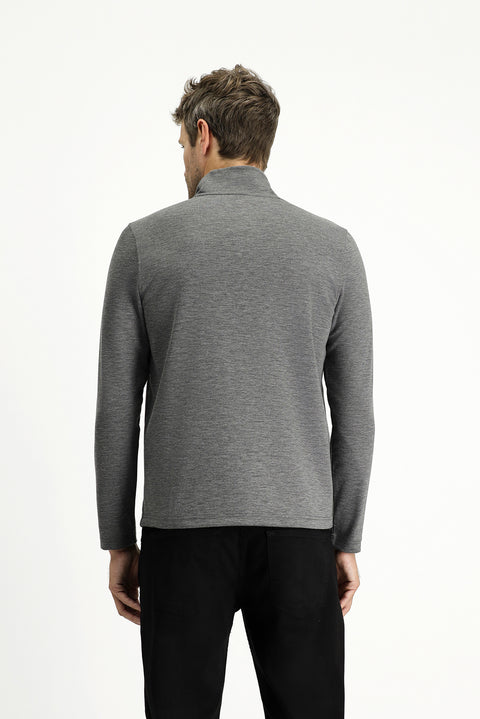 Medium Grey Melange Half Turtleneck Regular Fit Zip-Up Sweatshirt