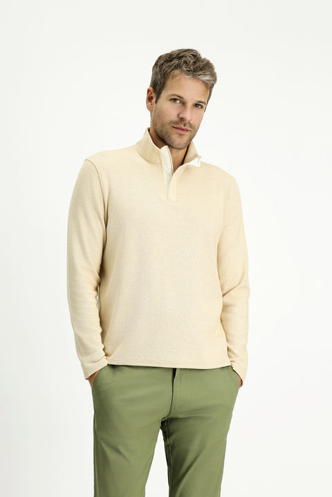 Light Beige Half Turtleneck Regular Fit Zip-Up Striped Cotton Sweatshirt