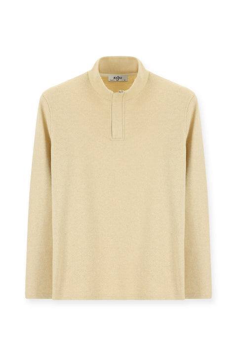 Light Beige Half Turtleneck Regular Fit Zip-Up Striped Cotton Sweatshirt