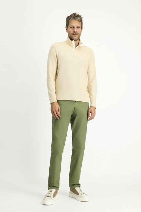Light Beige Half Turtleneck Regular Fit Zip-Up Striped Cotton Sweatshirt