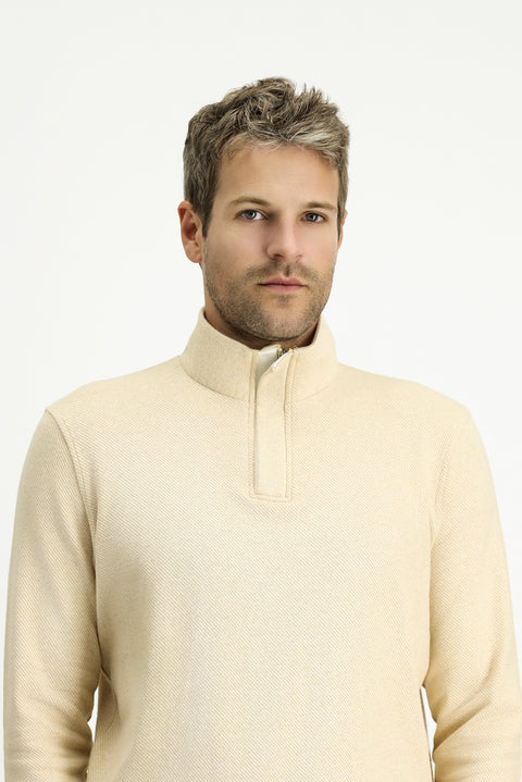 Light Beige Half Turtleneck Regular Fit Zip-Up Striped Cotton Sweatshirt