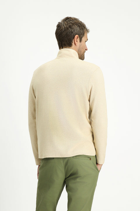 Light Beige Half Turtleneck Regular Fit Zip-Up Striped Cotton Sweatshirt