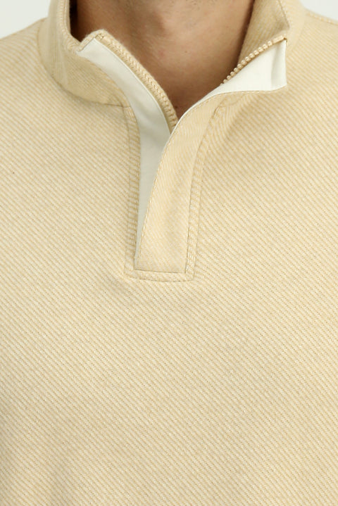 Light Beige Half Turtleneck Regular Fit Zip-Up Striped Cotton Sweatshirt