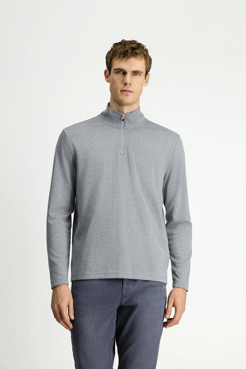 Medium Grey Melange Half Turtleneck Regular Fit Zip-Up Patterned Sweatshirt