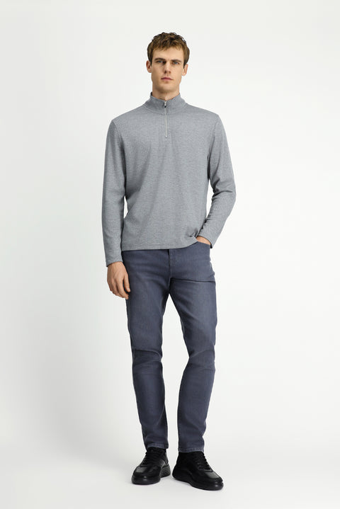 Medium Grey Melange Half Turtleneck Regular Fit Zip-Up Patterned Sweatshirt
