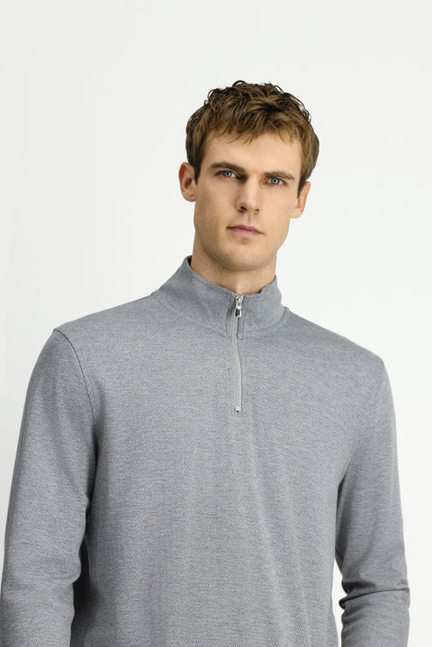 Medium Grey Melange Half Turtleneck Regular Fit Zip-Up Patterned Sweatshirt