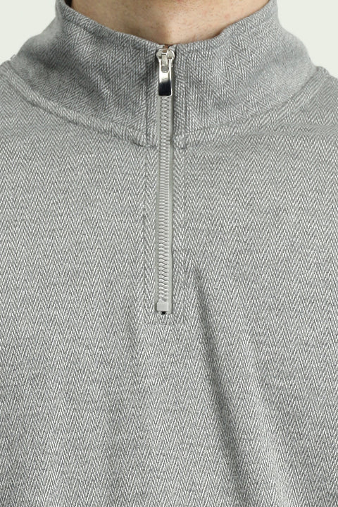Medium Grey Melange Half Turtleneck Regular Fit Zip-Up Patterned Sweatshirt