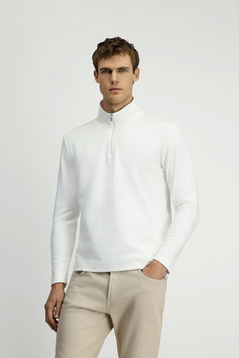 Kırık Beyaz Yarım Balıkçı Yaka Regular Fit Desenli Fermuarlı Pamuklu Sweatshirt