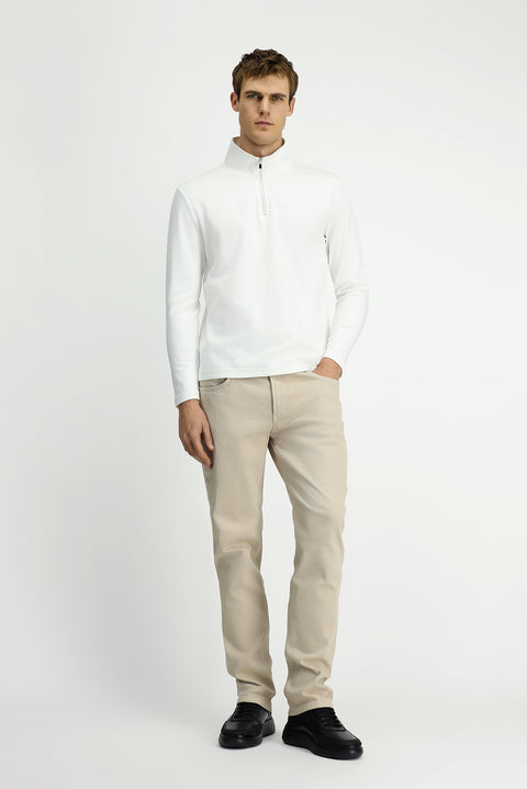 Kırık Beyaz Yarım Balıkçı Yaka Regular Fit Desenli Fermuarlı Pamuklu Sweatshirt