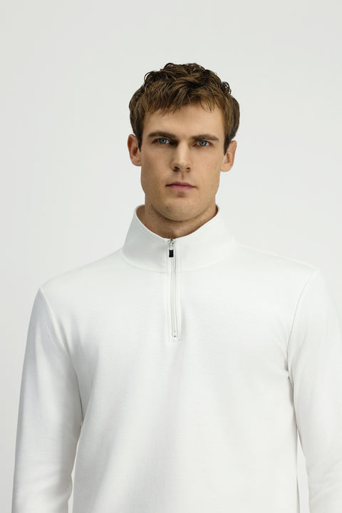 Kırık Beyaz Yarım Balıkçı Yaka Regular Fit Desenli Fermuarlı Pamuklu Sweatshirt