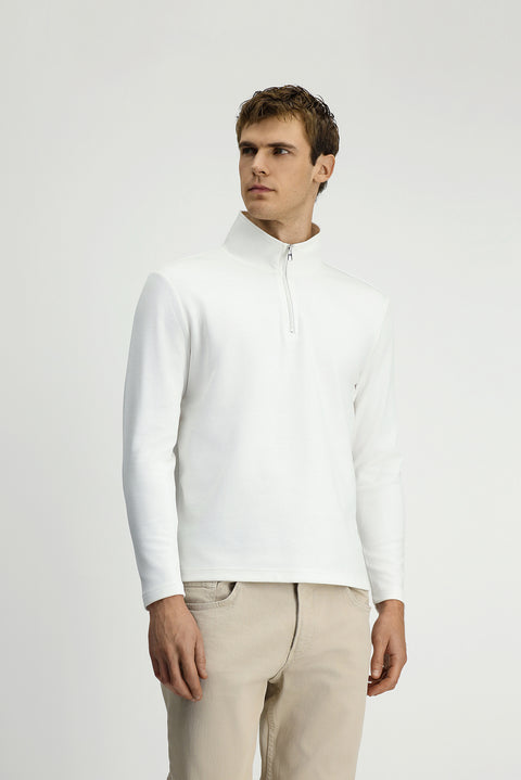 Kırık Beyaz Yarım Balıkçı Yaka Regular Fit Desenli Fermuarlı Pamuklu Sweatshirt