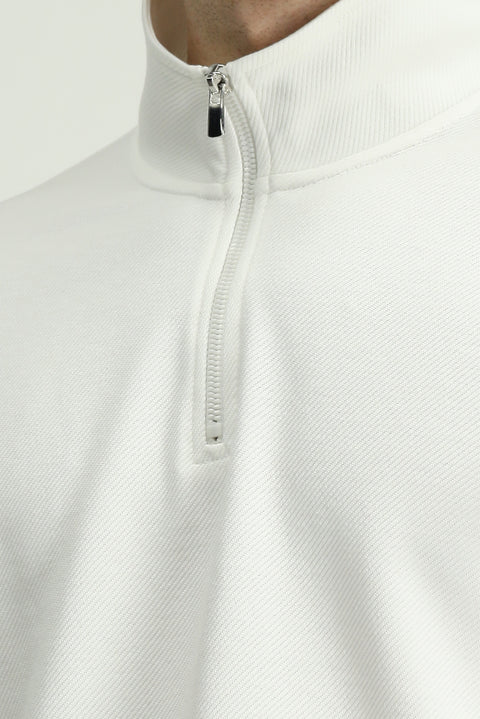 Kırık Beyaz Yarım Balıkçı Yaka Regular Fit Desenli Fermuarlı Pamuklu Sweatshirt
