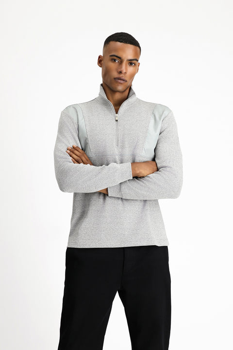 Medium Grey Melange Half Turtleneck Oversize Zip-Up Patterned Cotton Sweatshirt