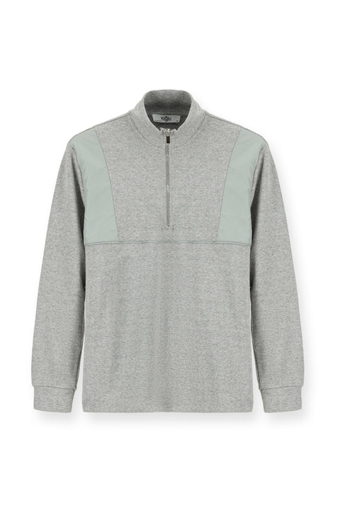 Medium Grey Melange Half Turtleneck Oversize Zip-Up Patterned Cotton Sweatshirt
