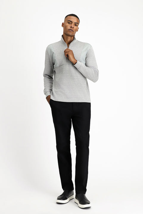 Medium Grey Melange Half Turtleneck Oversize Zip-Up Patterned Cotton Sweatshirt