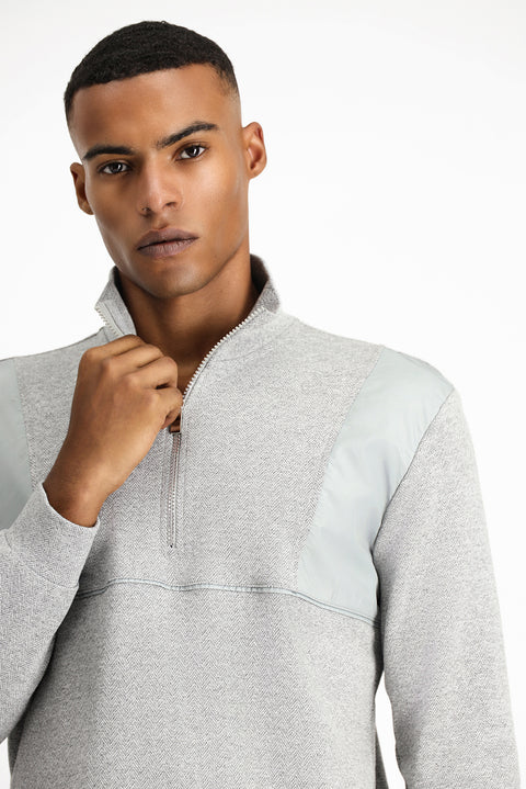 Medium Grey Melange Half Turtleneck Oversize Zip-Up Patterned Cotton Sweatshirt