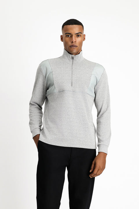 Medium Grey Melange Half Turtleneck Oversize Zip-Up Patterned Cotton Sweatshirt