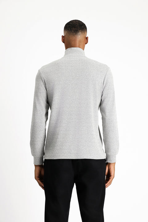Medium Grey Melange Half Turtleneck Oversize Zip-Up Patterned Cotton Sweatshirt