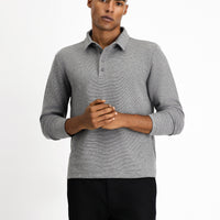 Medium Grey Melange Polo Collar Slim Fit Patterned Sweatshirt