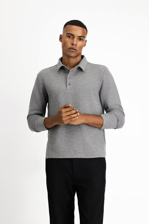 Medium Grey Melange Polo Collar Slim Fit Patterned Sweatshirt