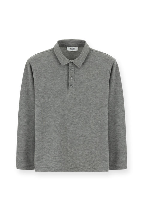 Medium Grey Melange Polo Collar Slim Fit Patterned Sweatshirt