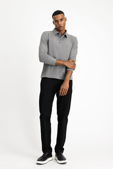 Medium Grey Melange Polo Collar Slim Fit Patterned Sweatshirt