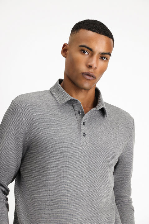 Medium Grey Melange Polo Collar Slim Fit Patterned Sweatshirt