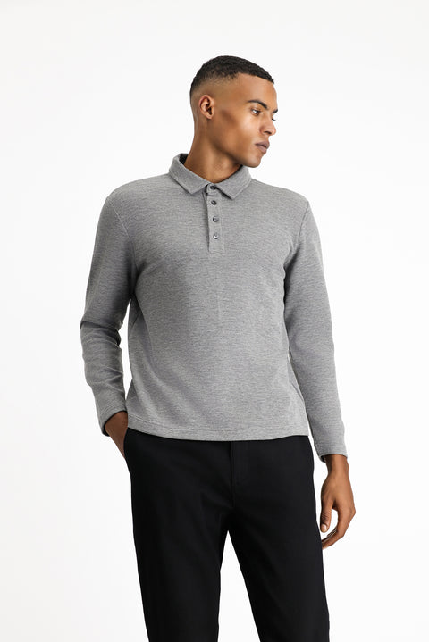 Medium Grey Melange Polo Collar Slim Fit Patterned Sweatshirt