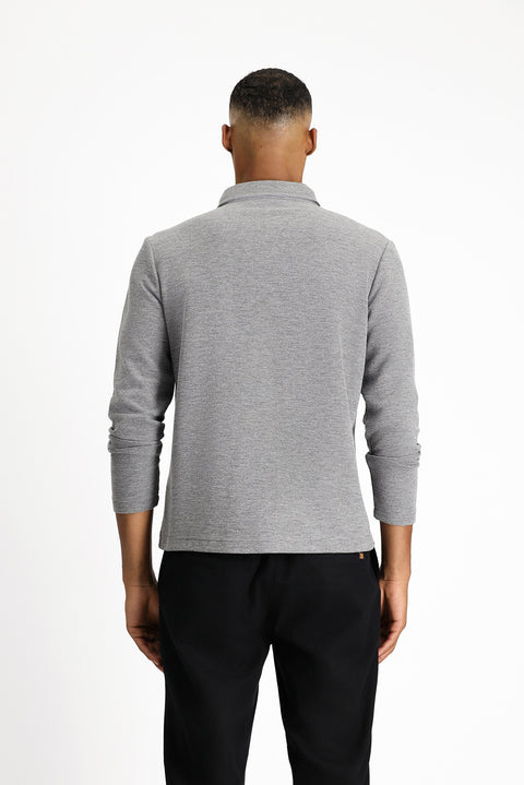 Medium Grey Melange Polo Collar Slim Fit Patterned Sweatshirt