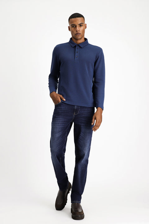 Dark Navy Polo Collar Slim Fit Patterned Sweatshirt