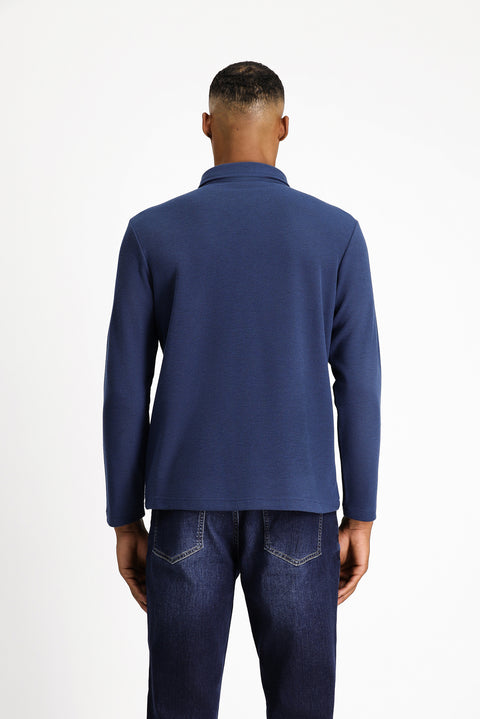Dark Navy Polo Collar Slim Fit Patterned Sweatshirt
