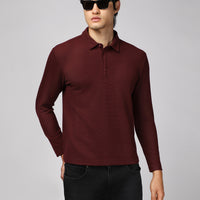 Dark Burgundy Polo Collar Slim Fit Patterned Sweatshirt