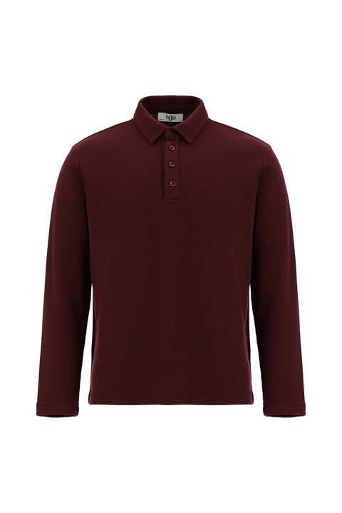 Dark Burgundy Polo Collar Slim Fit Patterned Sweatshirt