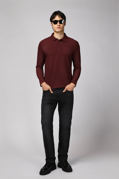 Dark Burgundy Polo Collar Slim Fit Patterned Sweatshirt