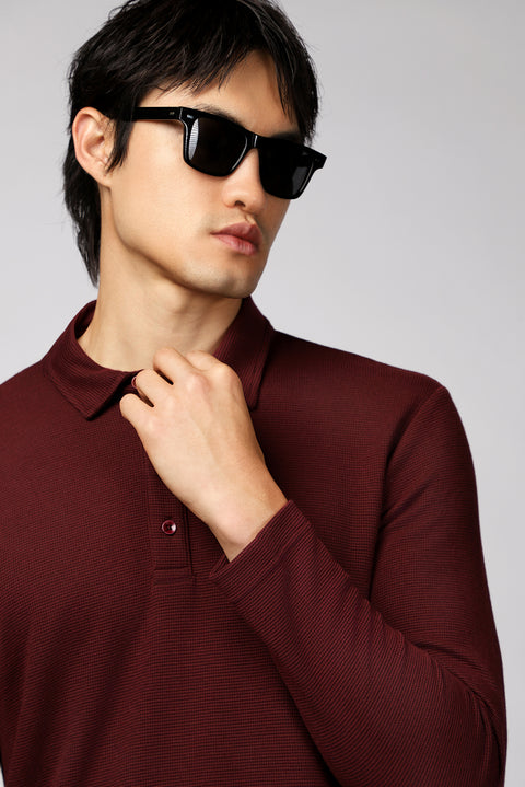 Dark Burgundy Polo Collar Slim Fit Patterned Sweatshirt