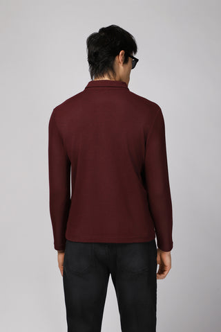  Koyu Bordo Polo Yaka Slim Fit Dar Kesim Desenli Sweatshirt