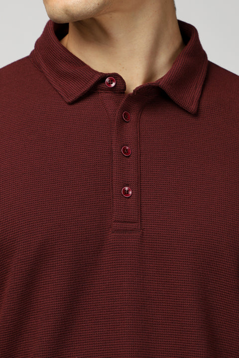 Dark Burgundy Polo Collar Slim Fit Patterned Sweatshirt
