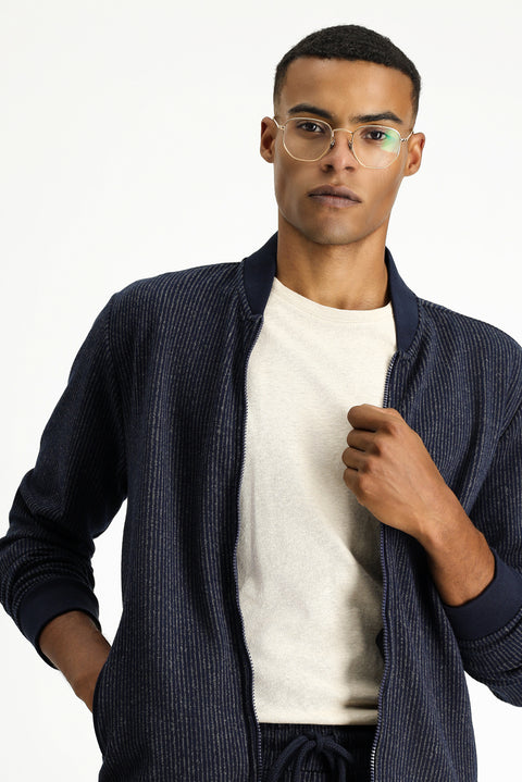 Dark Navy Striped Zip-Up Sweatshirt