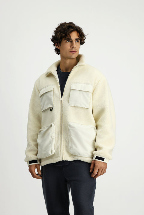 Ekru Fermuarlı Cepli Pelüş Sweat Mont