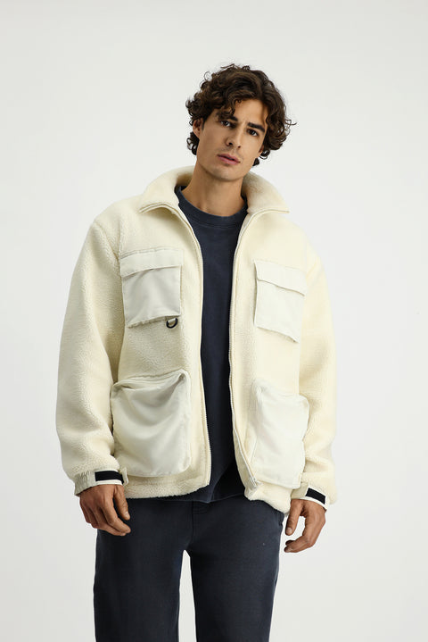 Ekru Fermuarlı Cepli Pelüş Sweat Mont