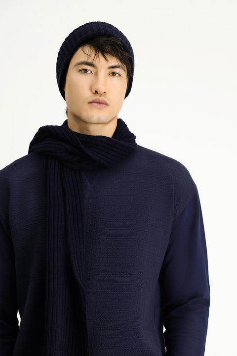 Dark Navy Crew Neck Regular Fit Patterned Cotton Sweatshirt