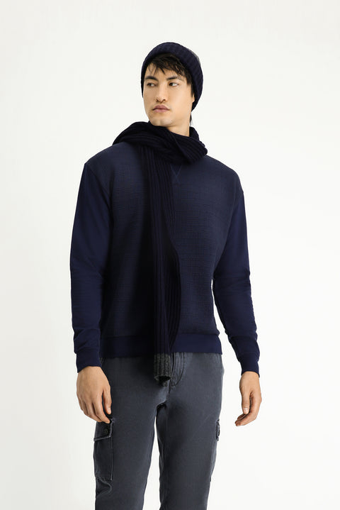 Dark Navy Crew Neck Regular Fit Patterned Cotton Sweatshirt