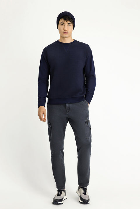 Dark Navy Crew Neck Regular Fit Patterned Cotton Sweatshirt