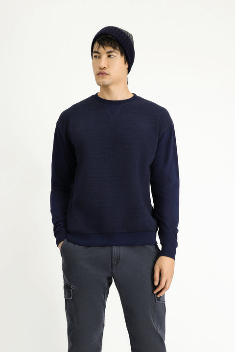 Dark Navy Crew Neck Regular Fit Patterned Cotton Sweatshirt