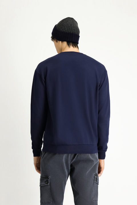 Dark Navy Crew Neck Regular Fit Patterned Cotton Sweatshirt