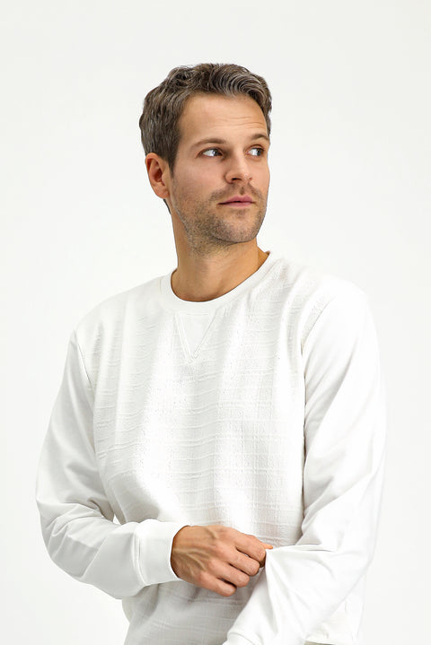 Off-White Crew Neck Regular Fit Patterned Cotton Sweatshirt