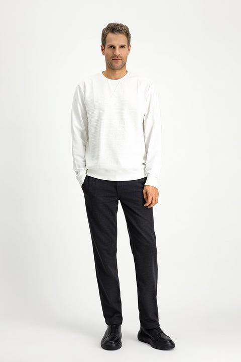 Off-White Crew Neck Regular Fit Patterned Cotton Sweatshirt