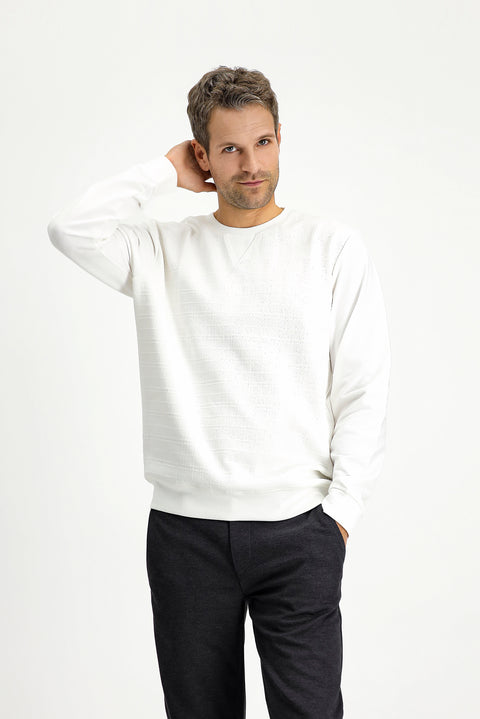 Off-White Crew Neck Regular Fit Patterned Cotton Sweatshirt