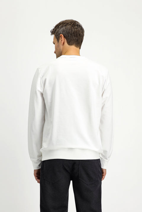 Off-White Crew Neck Regular Fit Patterned Cotton Sweatshirt