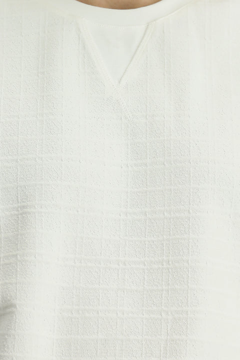 Off-White Crew Neck Regular Fit Patterned Cotton Sweatshirt